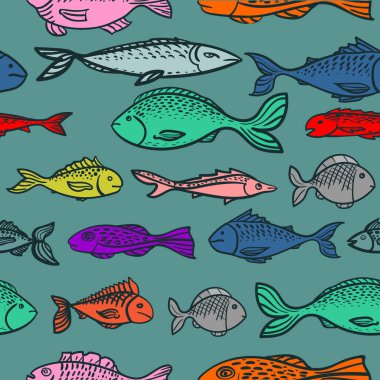 Dikişsiz grafik desen ile el çizilmiş balık