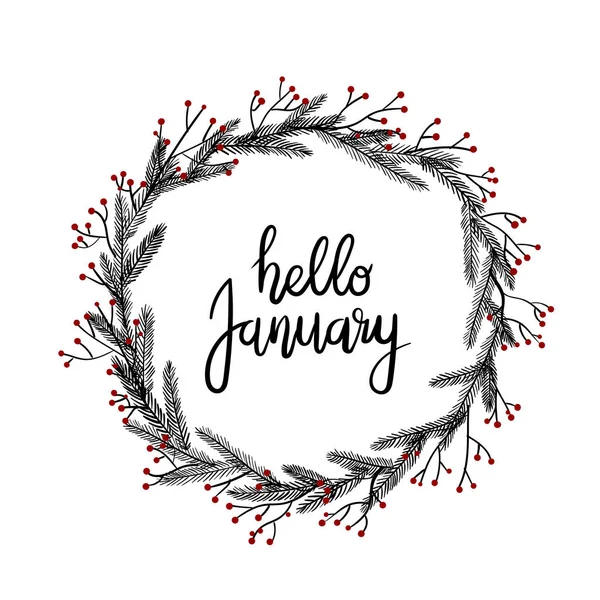 Hello January Hand Lettering Greeting Card. Vector Illustration. Modern Calligraphy. — Stock Vector
