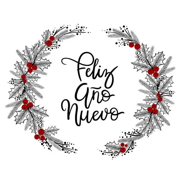 Feliz ao nuevo Hand Schriftzug Grußkarte. moderne Kalligraphie. Adventskranz — Stockvektor