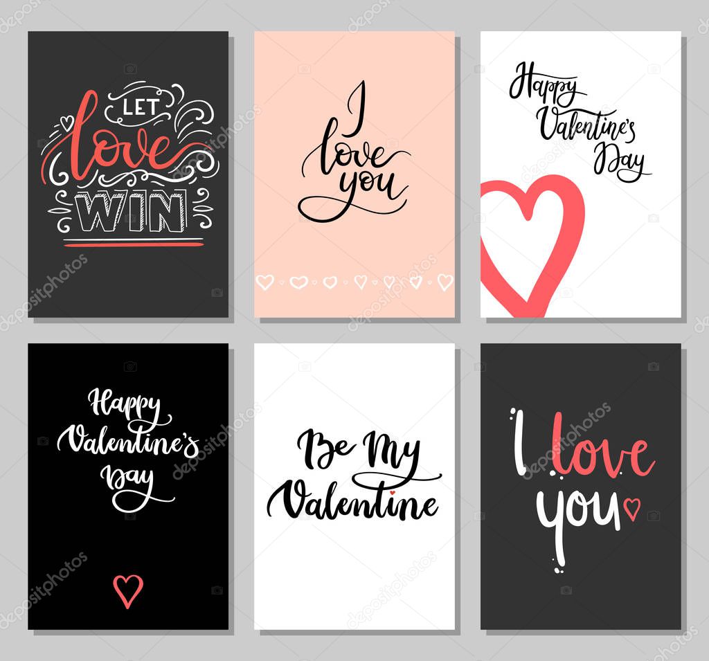 Valentines Day Cards with Modern Calligraphy Inscription. Set of Hand Lettering Greeting Cards.