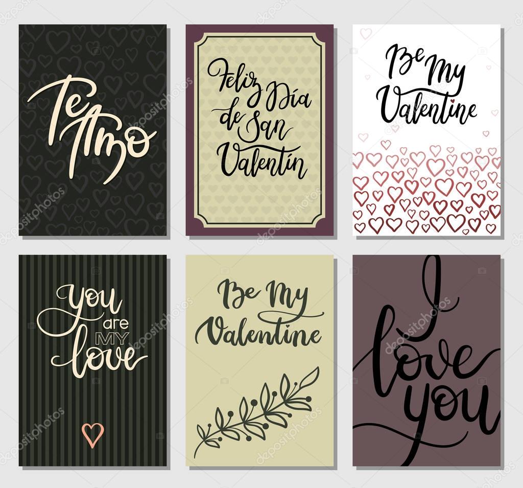 Valentines Day Cards. Modern Calligraphy. Set of Hand Lettering Greeting Cards. 