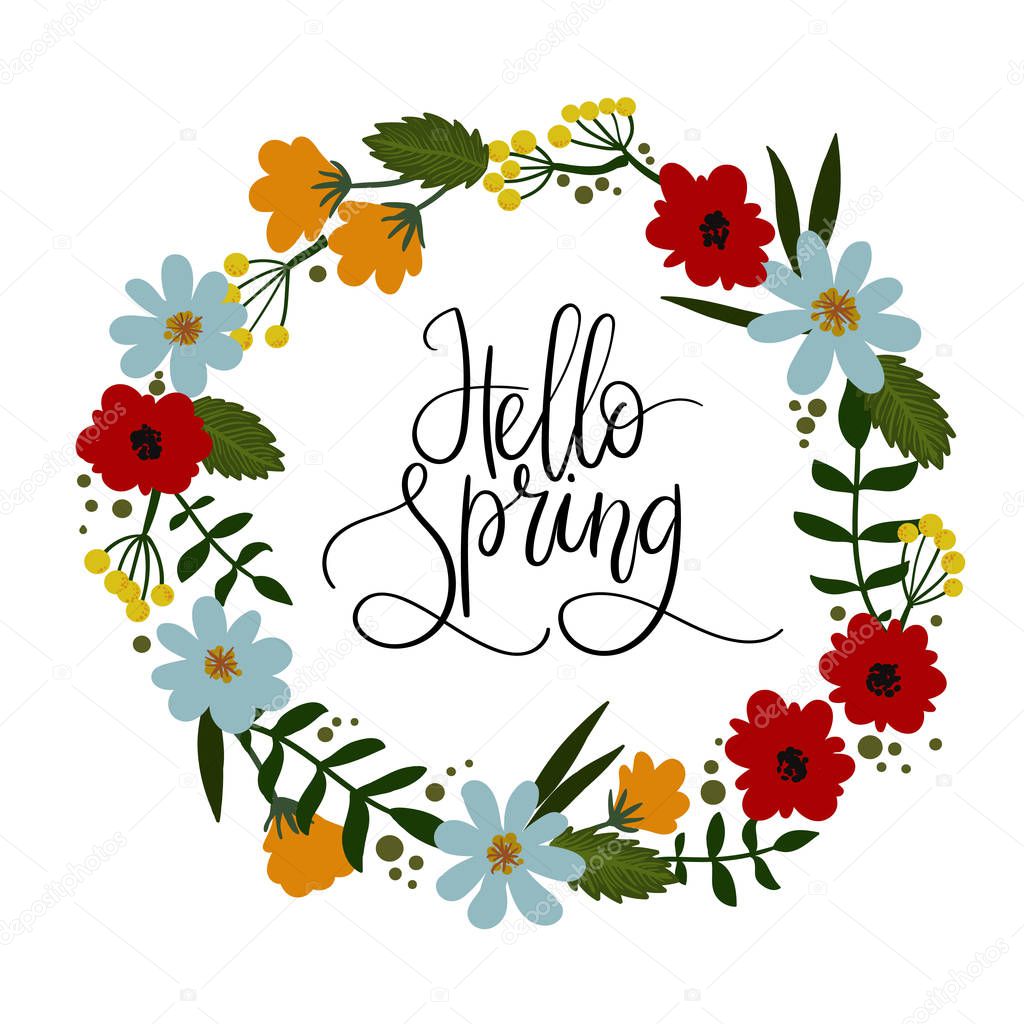 Hello Spring hand lettering greeting card. Decorative floral wreath.