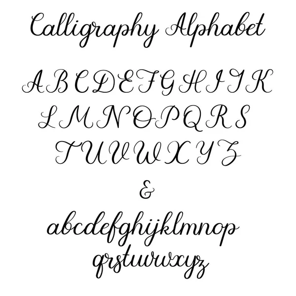 Calligraphic alphabet. Handwritten brush font. Uppercase, lowercase, ampersand. Wedding calligraphy — Stock Vector