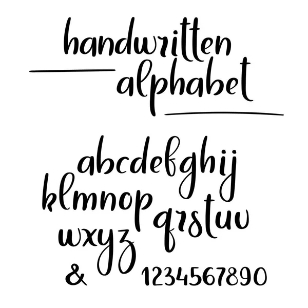 Vektor handschriftliches Pinselalphabet. Handschrift Pinselstift Buchstaben und Zahlen. — Stockvektor