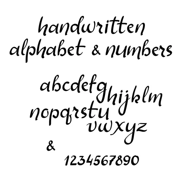 Handgeschreven alfabet en cijfers. Vector Penseel stijl lettertype. — Stockvector