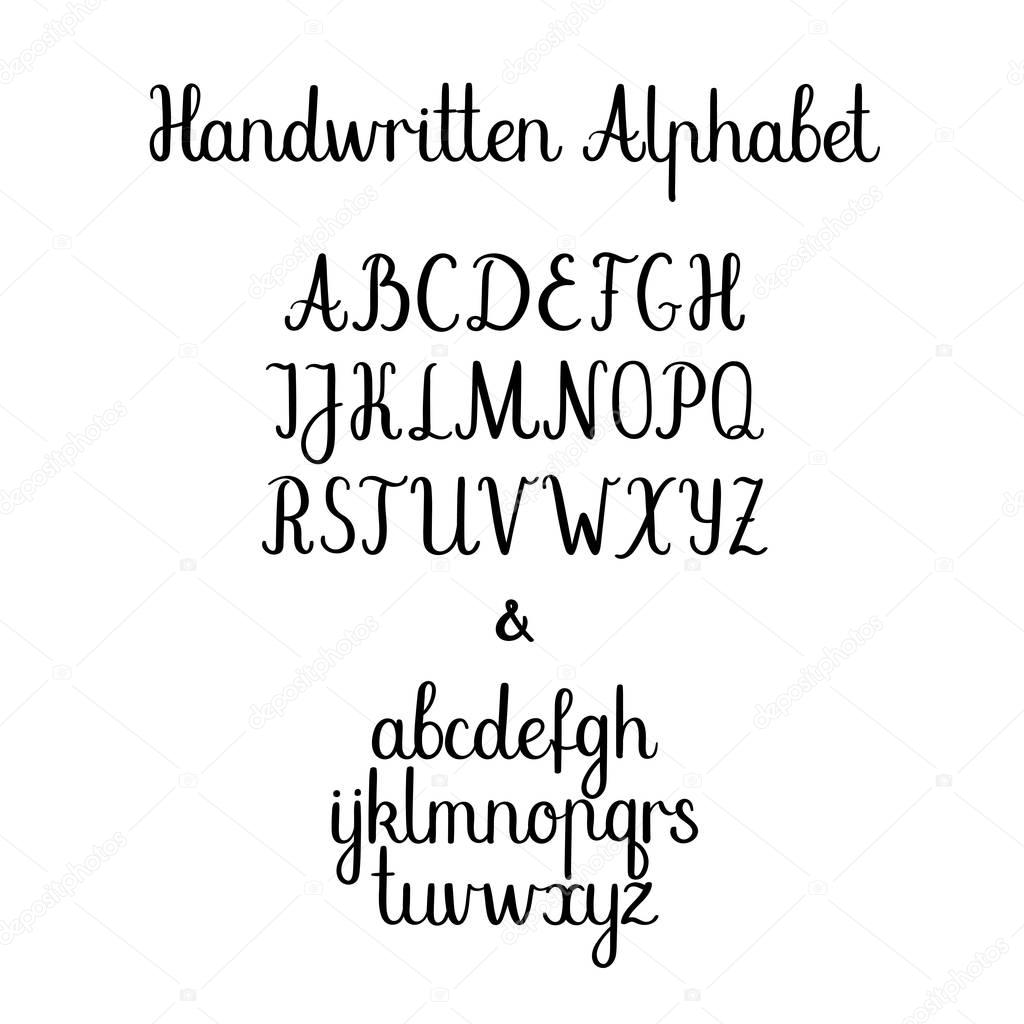 Calligraphy alphabet. Lowercase, uppercase. Vector handwritten letters. Ink illustration.