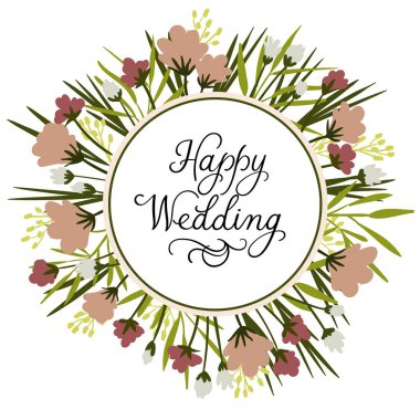 Mutlu düğün modern hat yazıt. Düğün tipografi şablonları. Çerçeve çiçek