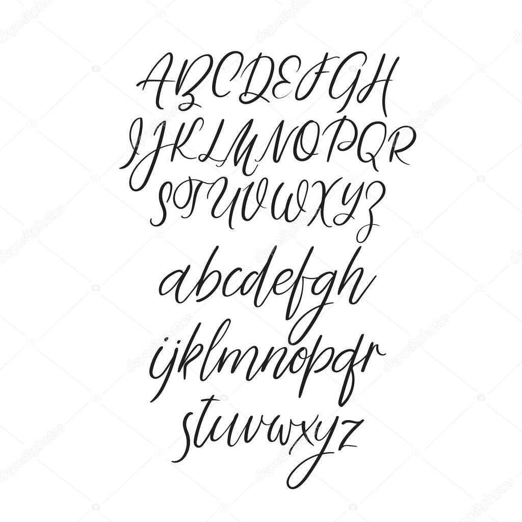Calligraphy alphabet. Handwritten brush letters. Uppercase, lowercase, numbers. Vector font