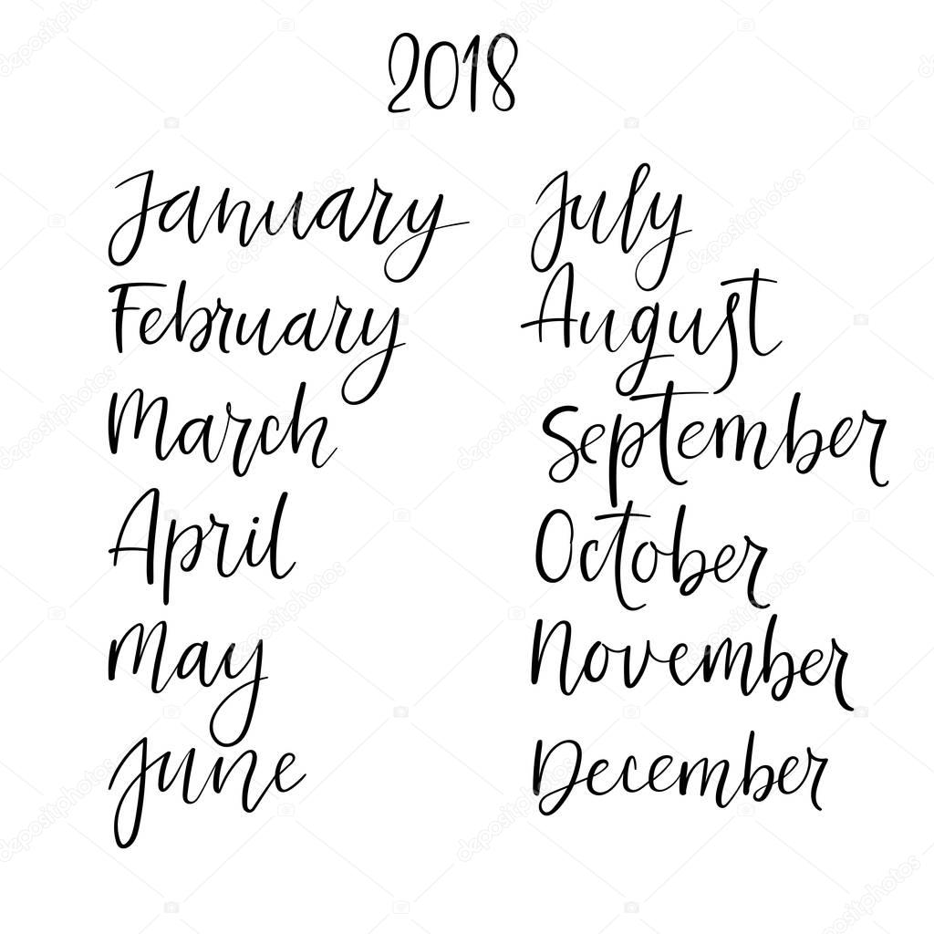 Hand lettering names of months. Modern calligraphy. Handwritten vector calendar