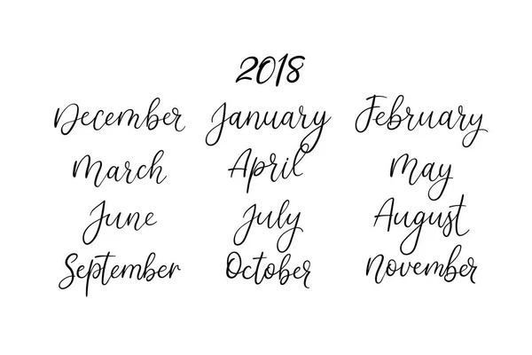 Hand bokstäver namnen på månaderna. Moderna kalligrafi. Handskrivna vektor kalender — Stock vektor