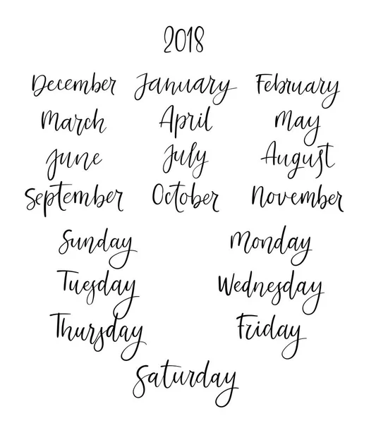 Χειρόγραφες μήνες, ημέρες της εβδομάδας. Σύγχρονη καλλιγραφία ημερολόγιο. Εικονογράφηση διάνυσμα — Διανυσματικό Αρχείο