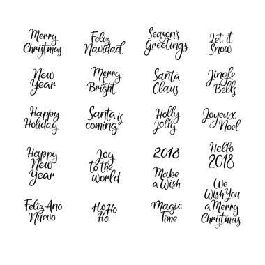 Mutlu Noeller ve mutlu yeni yıl kartları kümesi. Modern hat. El yazı tebrik kartları, fotoğraf bindirmeleri, Davetiyeler, Etiketler için.