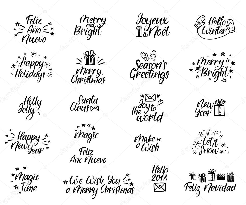 Set of Merry christmas and Happy New Year cards. Modern calligraphy. Hand lettering for greeting cards, photo overlays, invitations, tags.