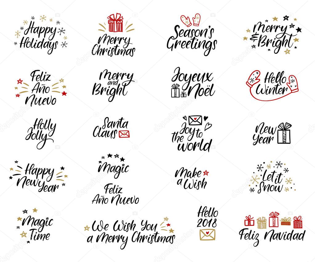 Set of Merry christmas and Happy New Year cards. Modern calligraphy. Hand lettering for greeting cards, photo overlays, invitations, tags.