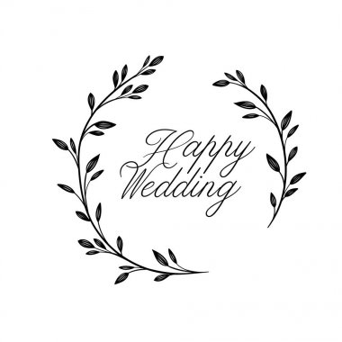 Mutlu düğün el yazı yazıt. Modern hat tebrik kartı vektör üzerinde beyaz izole. Çiçek çelenk