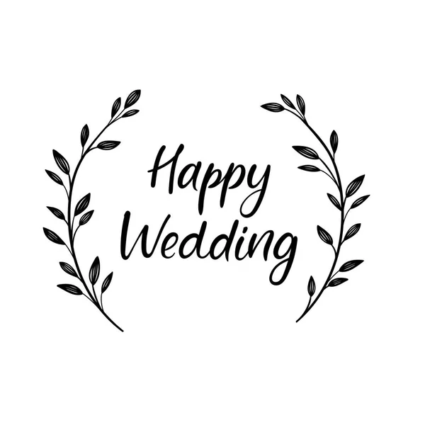 Ευτυχισμένο γάμο χέρι γραμμάτων επιγραφή. Σύγχρονη καλλιγραφία ευχετήρια κάρτα διάνυσμα απομονωμένα σε λευκό. Floral στεφάνι — Διανυσματικό Αρχείο