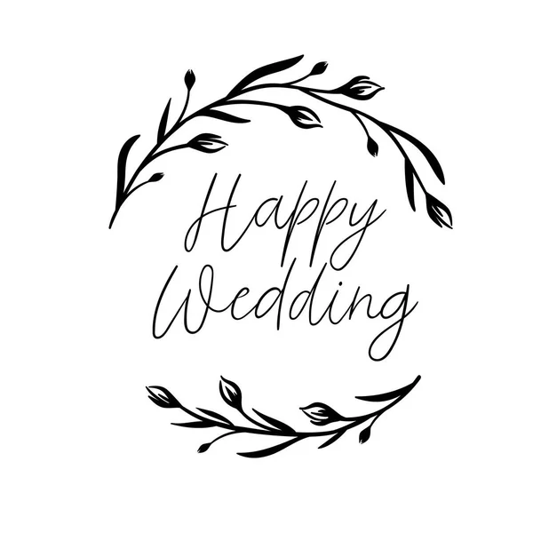 Feliz boda inscripción de letras de la mano. Tarjeta de felicitación de caligrafía moderna. Vector aislado en blanco. Corona floral. — Archivo Imágenes Vectoriales