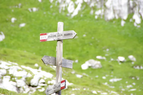 Panneaux directionnels le long des sentiers de Marmarole, Dolomites . — Photo