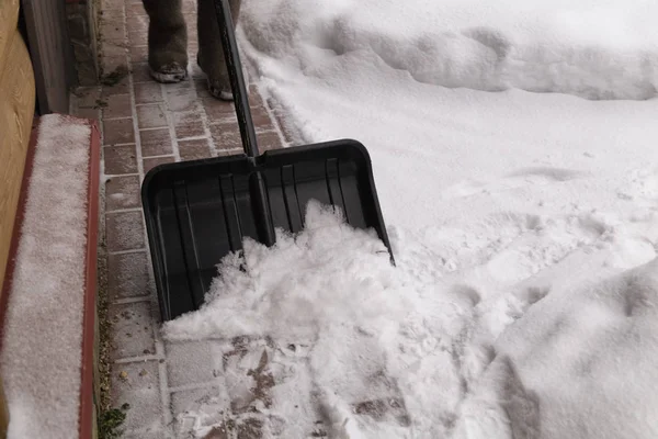 Man Winter Boots Cleaning Snow Walkway Garden Snow Shovel Shoveling — Stock Photo, Image