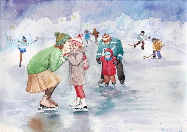 People are skating. Watercolor illustration made by hand.