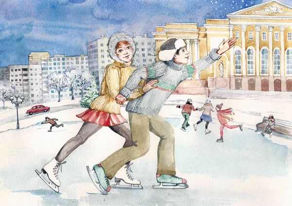 Les Gens Patinent Illustration Aquarelle Réalisée Main — Photo