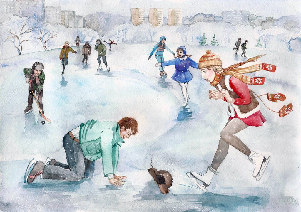 People are skating. Watercolor illustration made by hand.