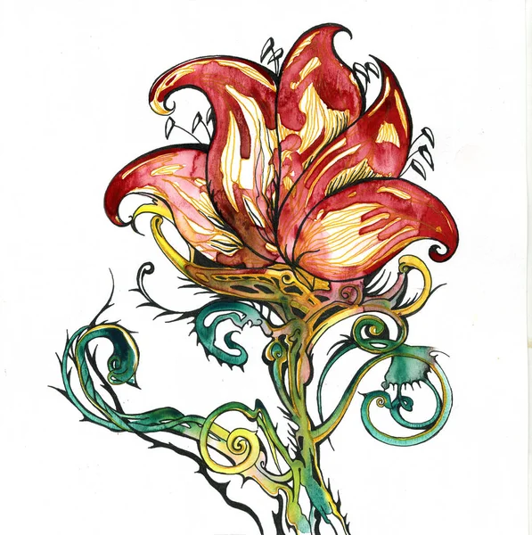 Фантастический Алый Цветок Иллюстрация Акварелью — стоковое фото