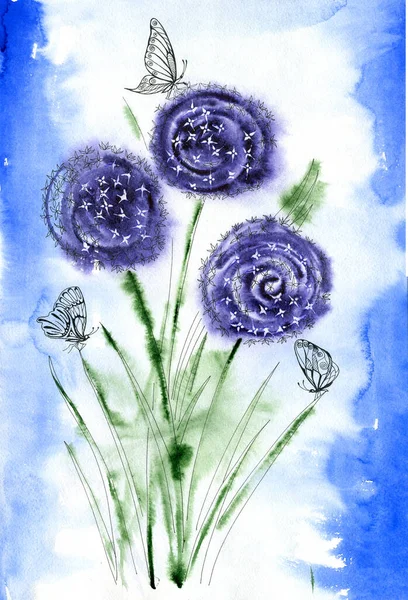 Lök Blommor Och Fjärilar Akvarell Illustration Gjord För Hand Background — Stockfoto