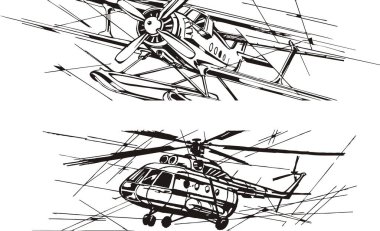 uçak ve helikopter, vektör illüstrasyonu