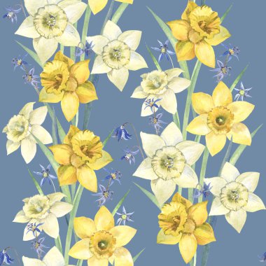 Nergisler. Kusursuz Çiçeklerin Arkaplan Şablonu. Yeşil arka planda dikişsiz suluboya çiçekleri. Tekstil tasarımı ve duvar kağıtlarında kullanılabilir.