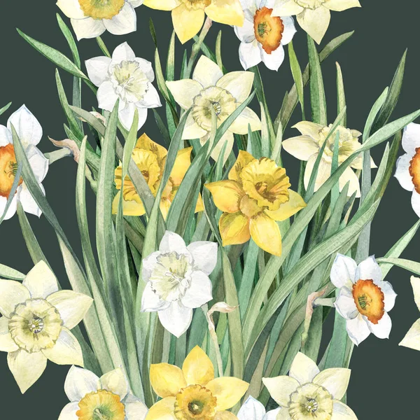 Daffodils Seamless Flowers Background Pattern Watercolor Flowers Seamless Green Background — Stock Photo, Image