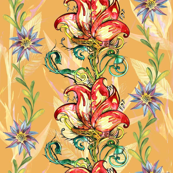 Exotic flowers. Seamless flowers background patternWatercolor flowers seamless pattern on a green background. Can be used in textile design and wallpaper.