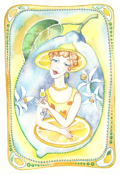 Лимонадная Девушка Лимон Акварельная Иллюстрация Графический Дизайн Этикетки Напитков — стоковое фото