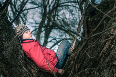 Çocuk büyük eski bir ağaç üzerinde tenha