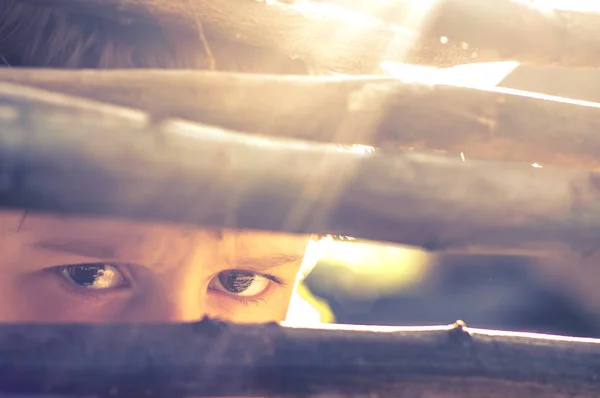 The child with a stern gaze peeps through the fence slit — Stock Photo, Image