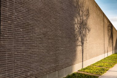 Ona ağaçlardan düşen gölgeler ile yüksek tuğla duvar