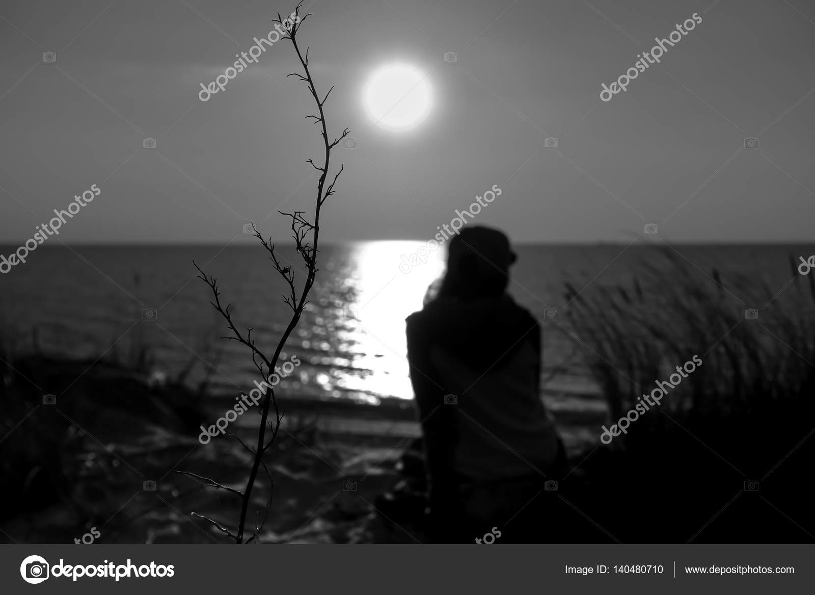 Noir Photo Blanc Coucher Soleil Mer Avec Une Silhouette