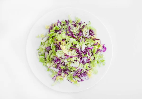 Fresh Vegan Salad Red Green Cabbage White Background Top View — Stock Photo, Image