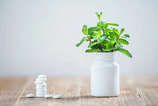 Comparação Comprimidos Medicina Moderna Com Plantas Medicinais Medicina Tradicional Uma — Fotografia de Stock