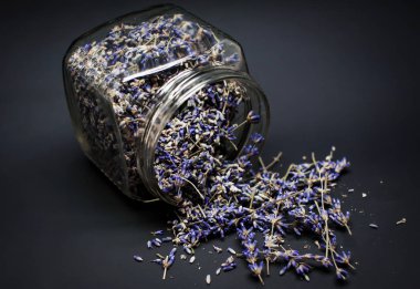 Kuru lavanta çiçekleri siyah arka planda cam bir kavanoza saçılmış, yakın plan.