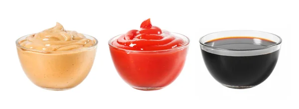 Several Different Sauces Glass Bowl White Background — 스톡 사진