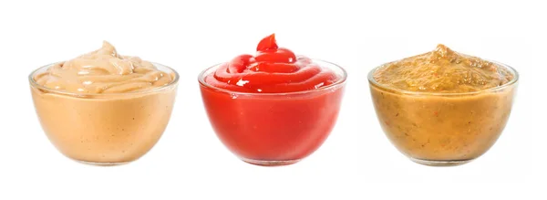 Several Different Sauces Glass Bowl White Background — 스톡 사진