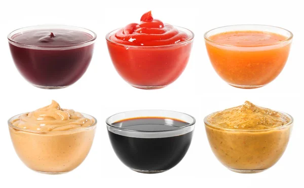 Many Different Sauces Glass Bowl White Background — Stock Photo, Image