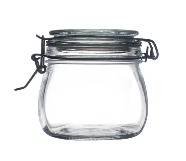 Empty Glass Jar Yoke Lid White Background Close — Stock Photo, Image