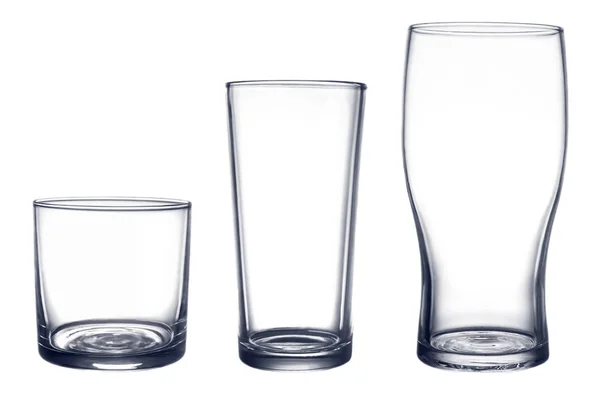 Several Glasses Drinks Different Shapes Sizes Isolated White Background — 스톡 사진