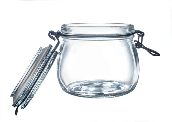 Empty Glass Jar Open Clamp Cover White Background Close — Stock Photo, Image