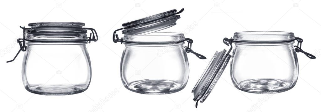 Closed and open empty glass jars with yoke lock isolated on a white background