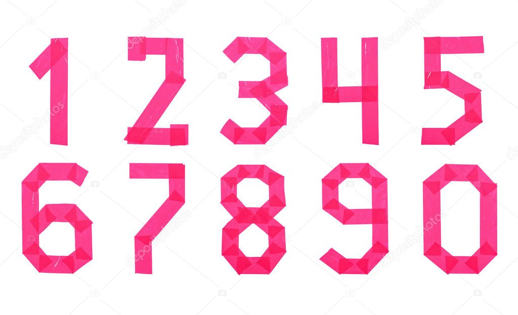 Set of numbers from pink scotch tape isolated on a white background