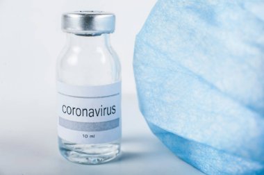 Üzerinde Coronavirus ve koruyucu mavi maske yazan kapaklı cam tıbbi şişe.