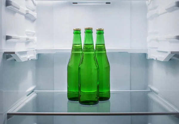 Tres Botellas Cerveza Están Estante Refrigerador Vacío —  Fotos de Stock